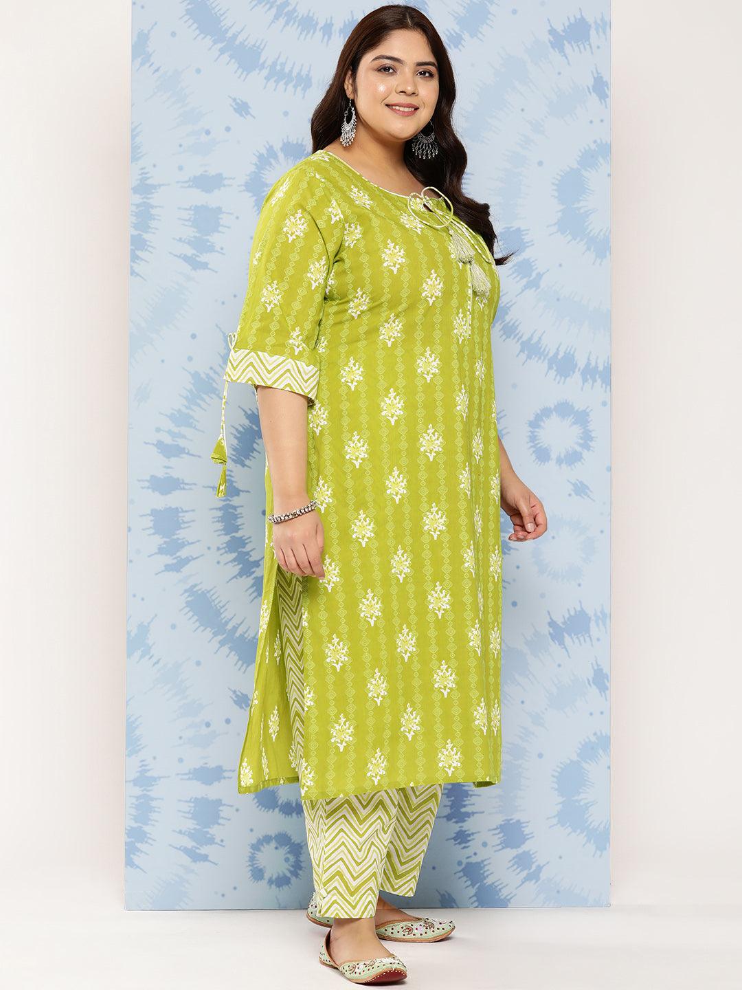 Lime Green Printed Cotton Straight Kurta With Trousers and Dupatta - Libas 