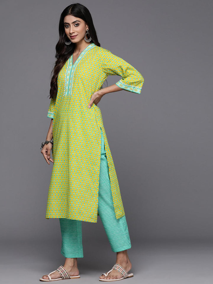 Lime Green Printed Cotton Straight Kurta With Trousers & Dupatta - Libas