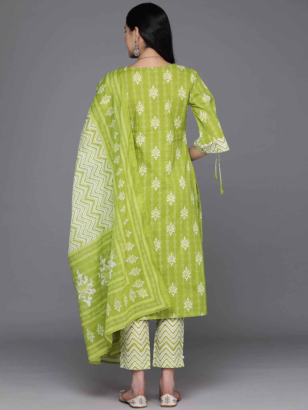 Lime Green Printed Cotton Straight Suit Set With Trousers - Libas