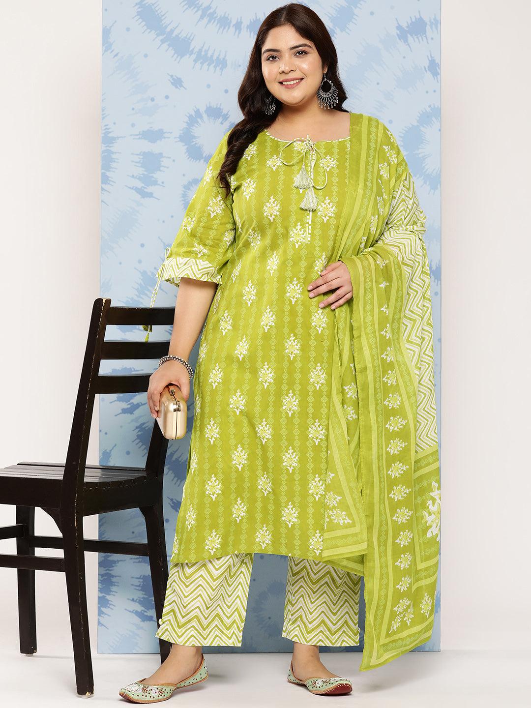 Lime Green Printed Cotton Straight Kurta With Trousers and Dupatta - Libas 