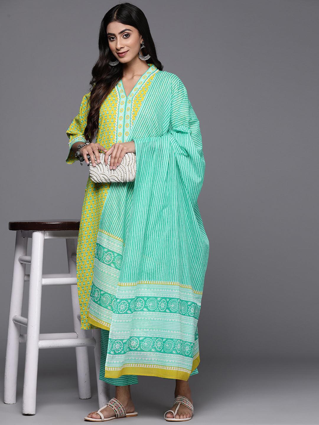 Lime Green Printed Cotton Straight Kurta With Trousers & Dupatta - Libas