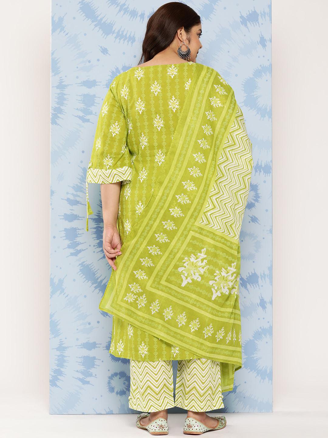 Lime Green Printed Cotton Straight Kurta With Trousers and Dupatta - Libas 