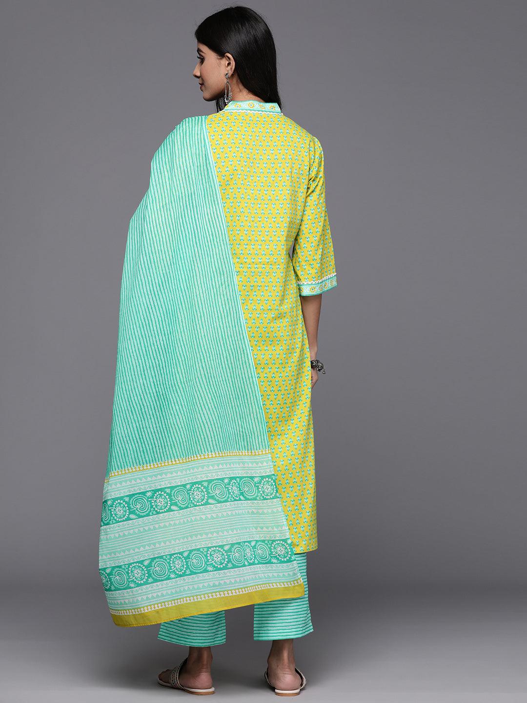 Lime Green Printed Cotton Straight Kurta With Trousers & Dupatta - Libas