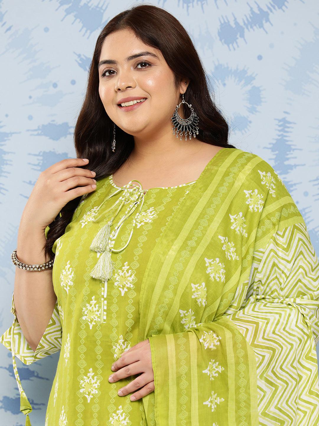 Lime Green Printed Cotton Straight Kurta With Trousers and Dupatta - Libas 