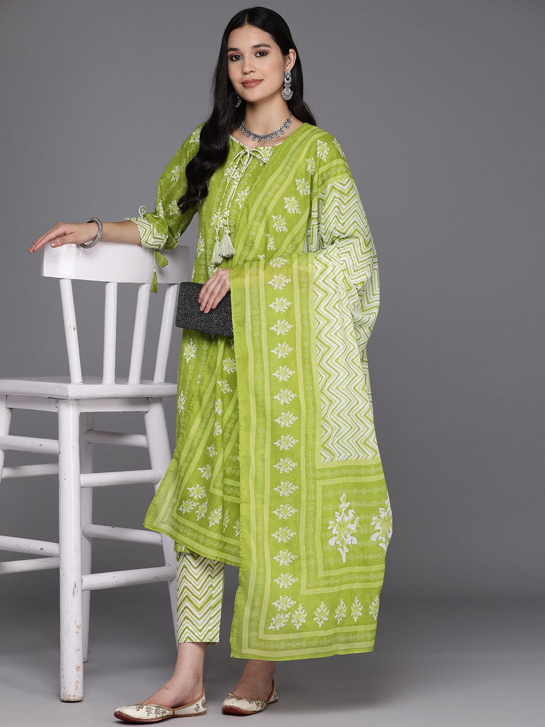 Lime Green Printed Cotton Straight Suit Set With Trousers - Libas 