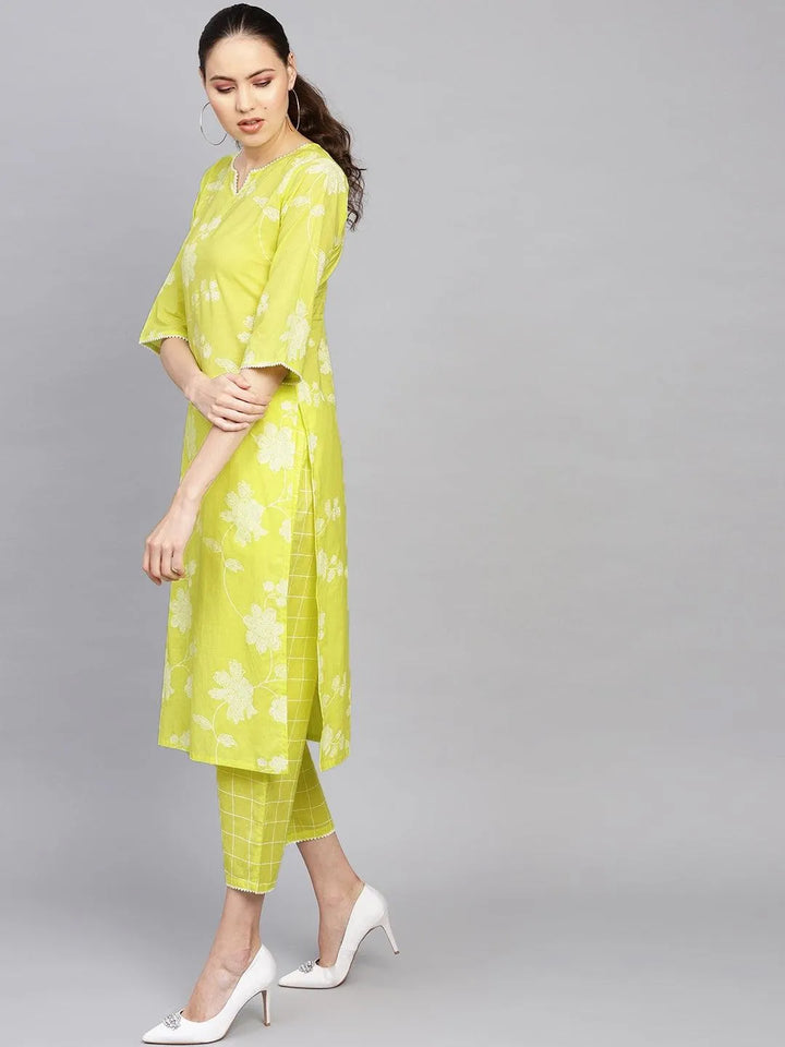 Lime Green Printed Cotton Kurta Set - Libas