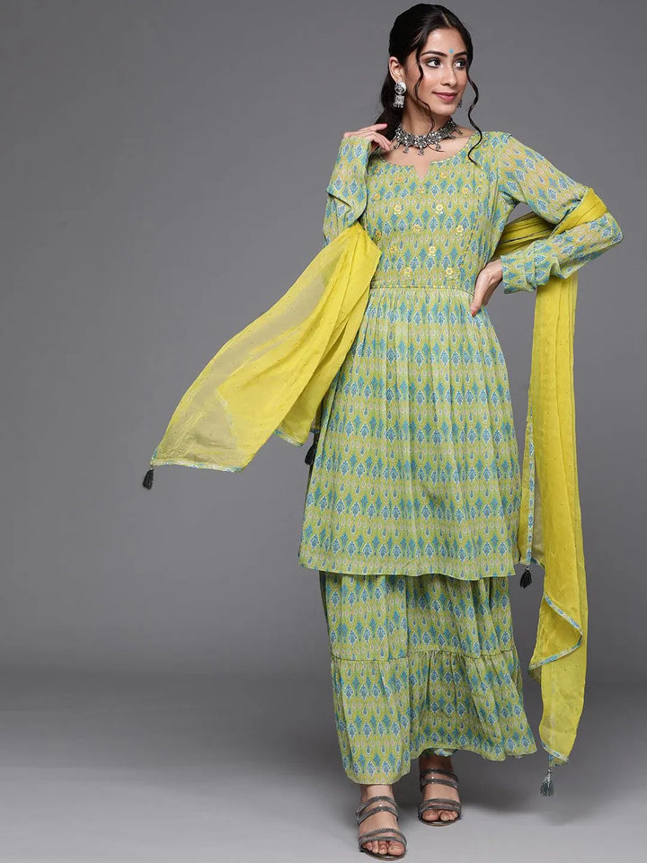 Lime Green Printed Georgette Suit Set - Libas