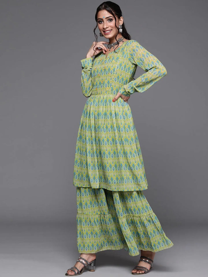 Lime Green Printed Georgette Suit Set - Libas