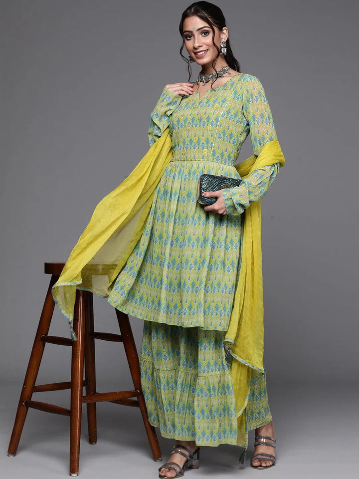 Lime Green Printed Georgette Suit Set - Libas