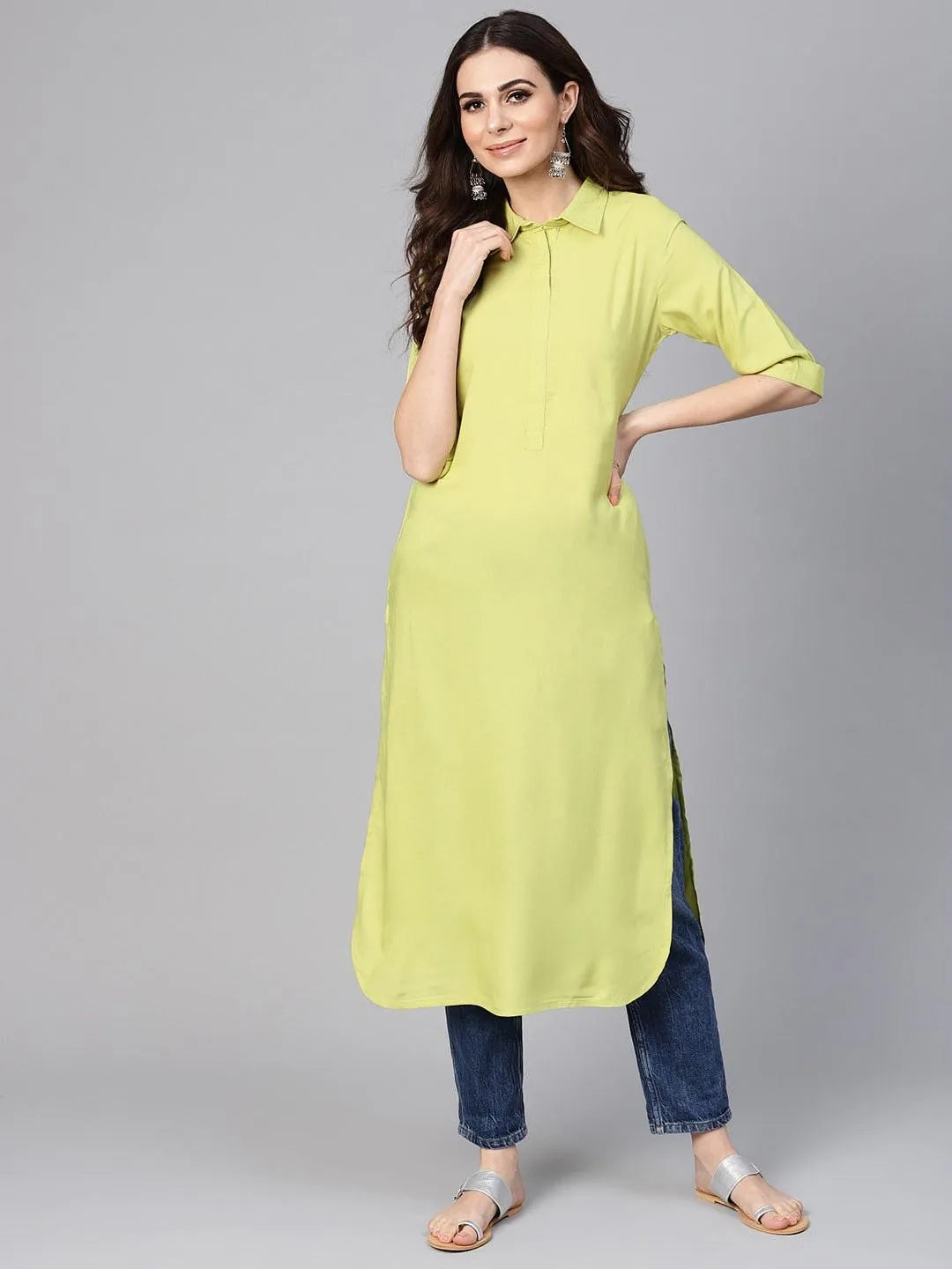 Lime Green Solid Rayon Kurta - Libas