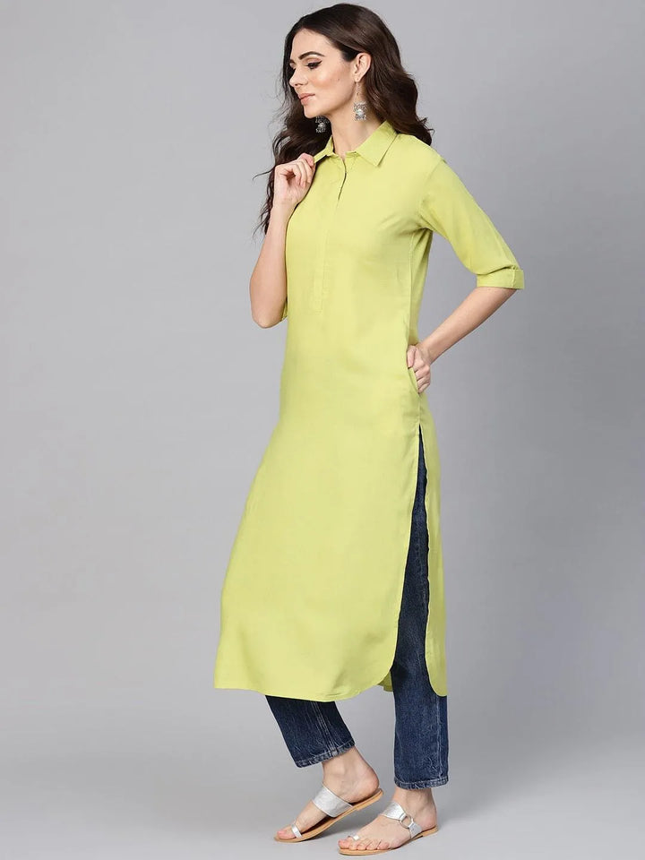 Lime Green Solid Rayon Kurta - Libas