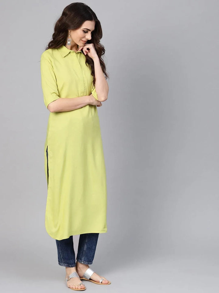 Lime Green Solid Rayon Kurta - Libas