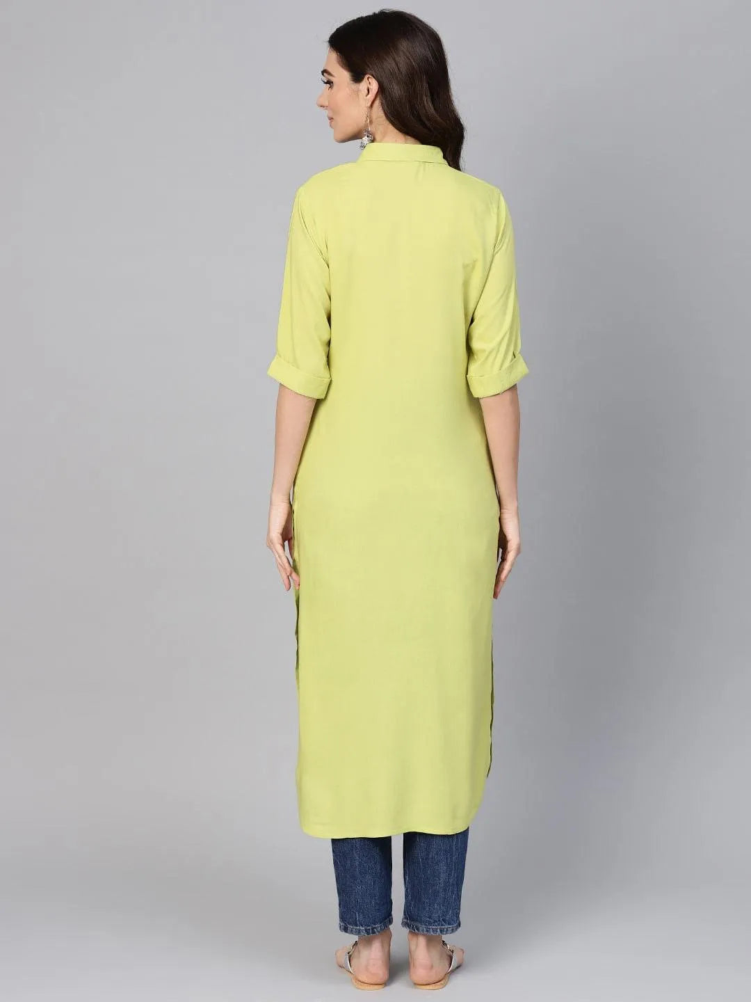 Lime Green Solid Rayon Kurta - Libas