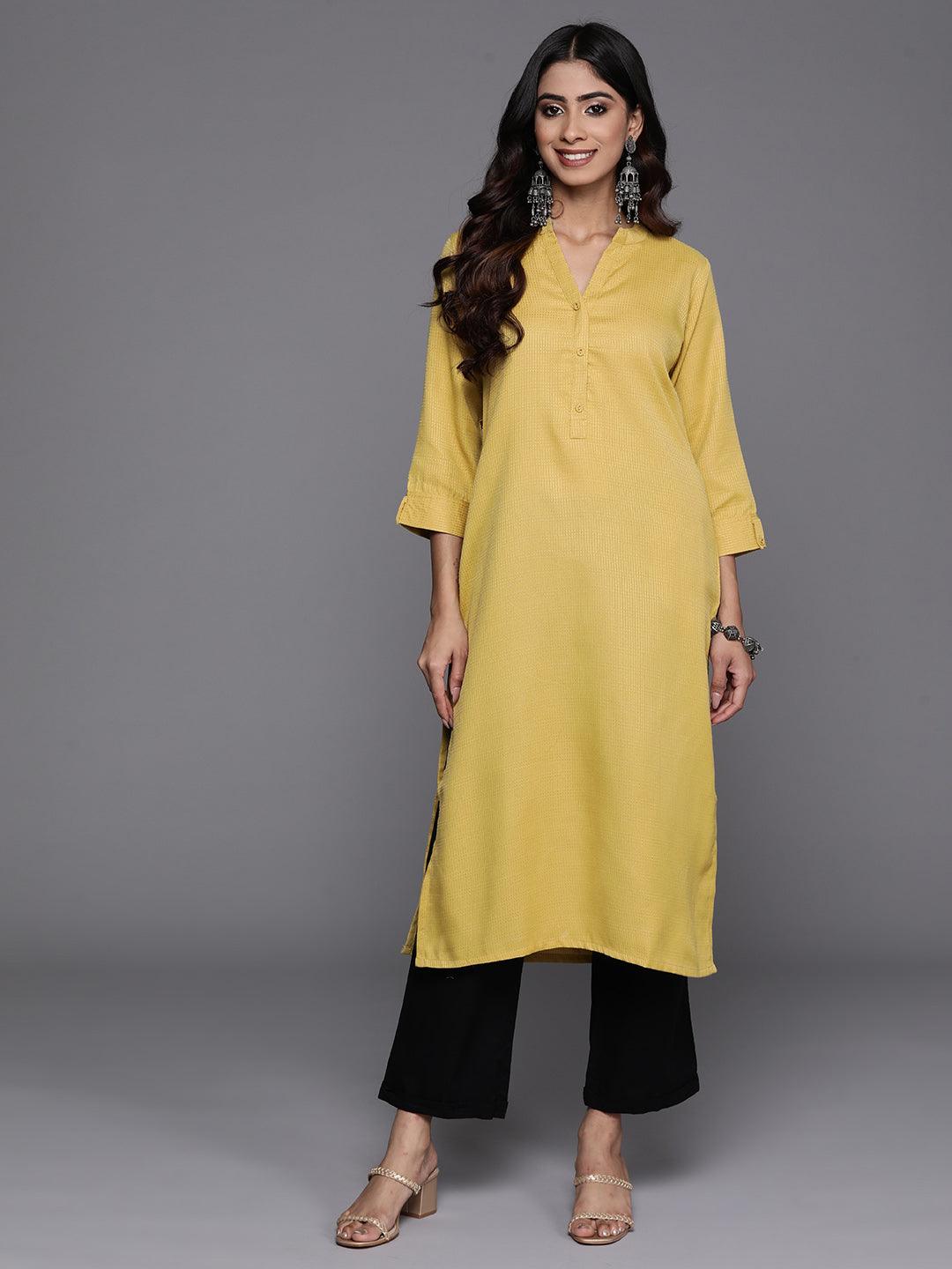 Lime Green Woven Design Rayon Straight Kurta - Libas 