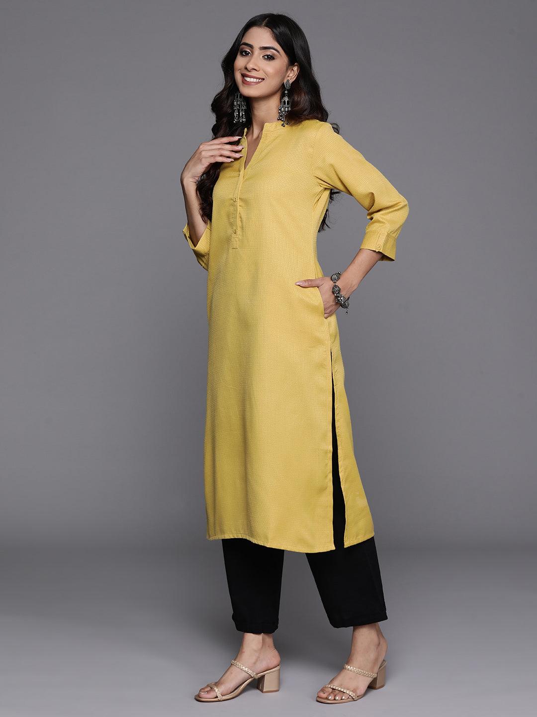 Lime Green Woven Design Rayon Straight Kurta - Libas 