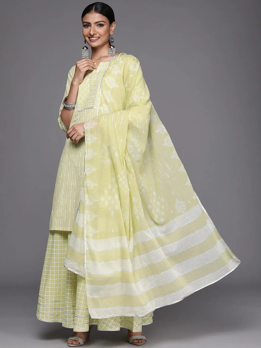 Lime Green Yoke Design Cotton Straight Suit Set - Libas 