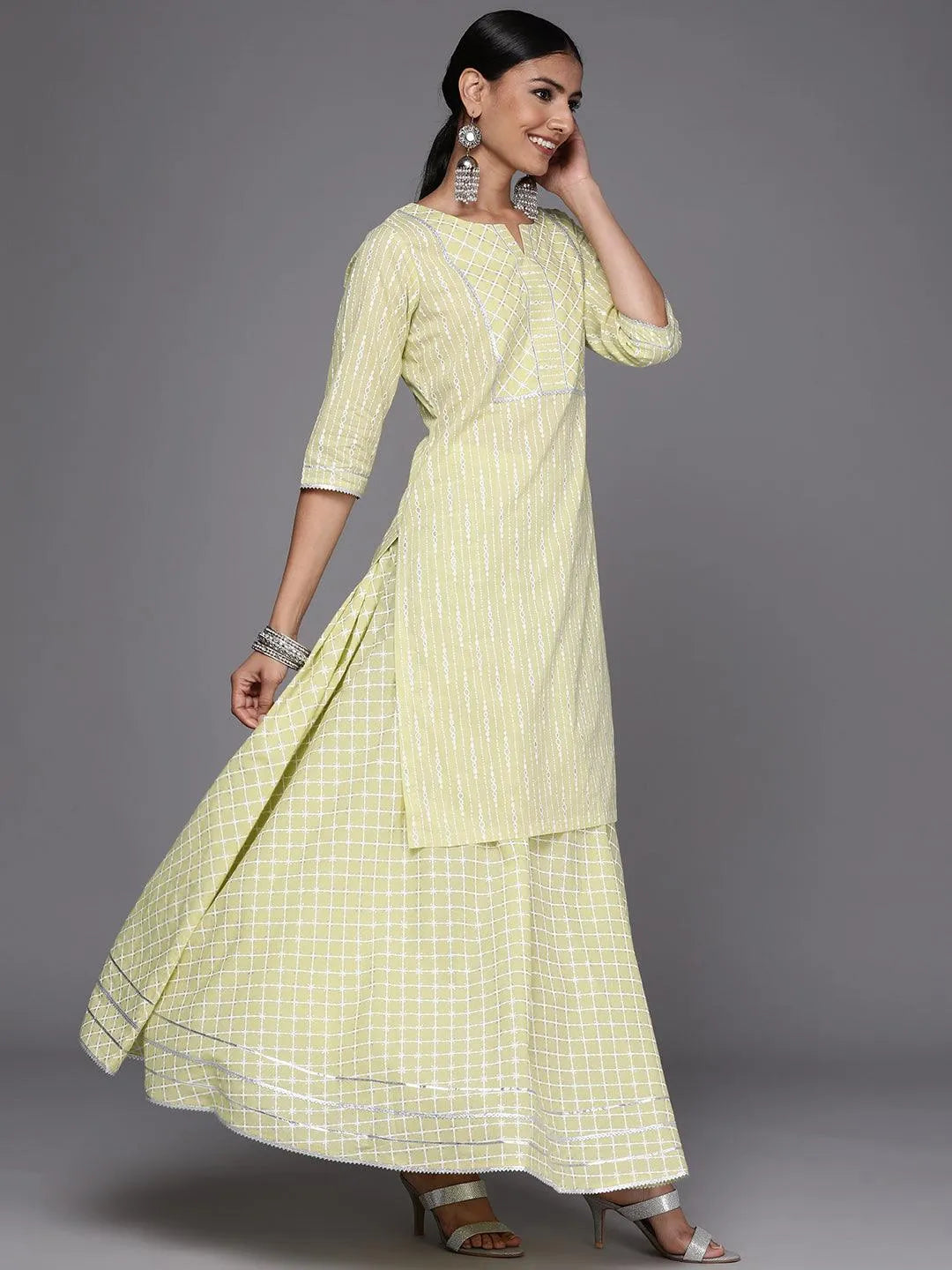 Lime Green Yoke Design Cotton Straight Suit Set - Libas 