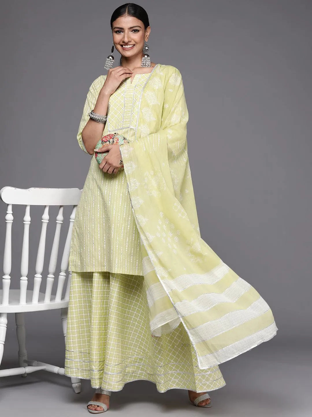 Lime Green Yoke Design Cotton Straight Suit Set - Libas 