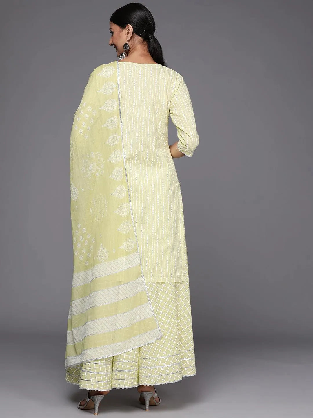 Lime Green Yoke Design Cotton Straight Suit Set - Libas 