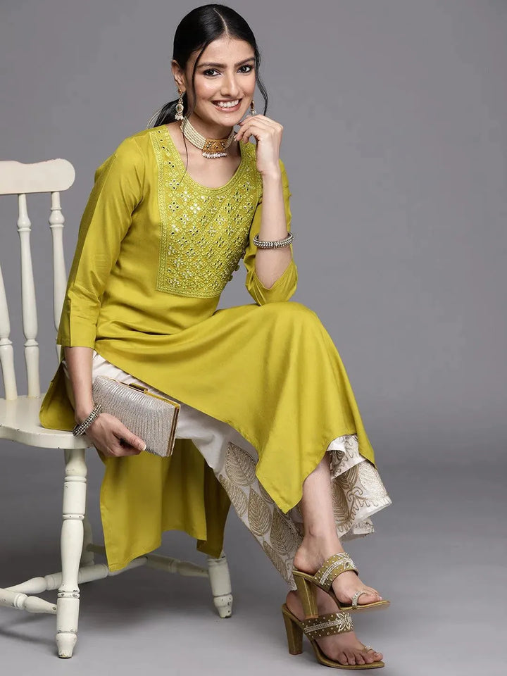 Lime Green Yoke Design Rayon Kurta - Libas