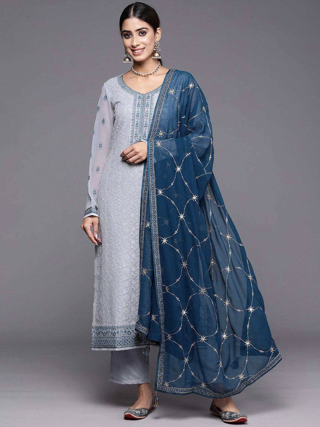 Livid Blue Embroidered Georgette Straight Kurta With Trousers & Dupatta - Libas