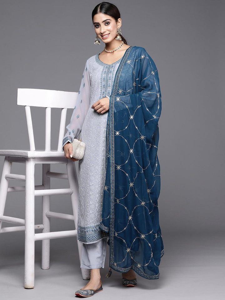 Livid Blue Embroidered Georgette Straight Kurta With Trousers & Dupatta - Libas