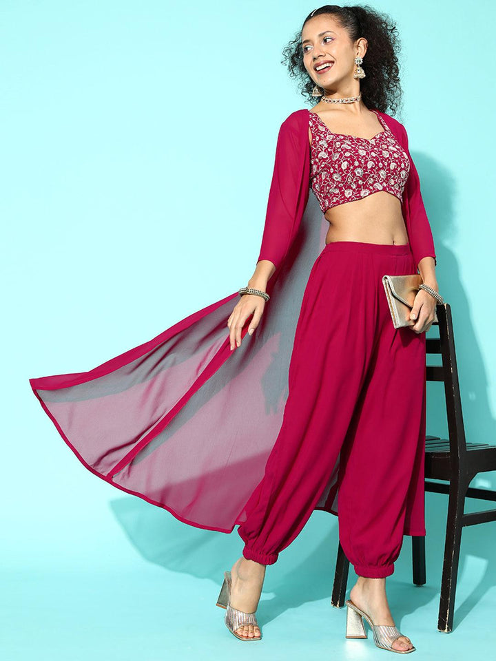 Magenta Embellished Georgette Top With Salwar & Shrug - Libas