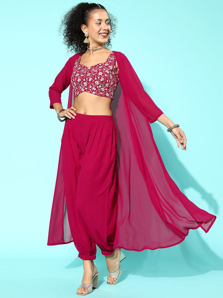 Magenta Embellished Georgette Top With Salwar & Shrug - Libas