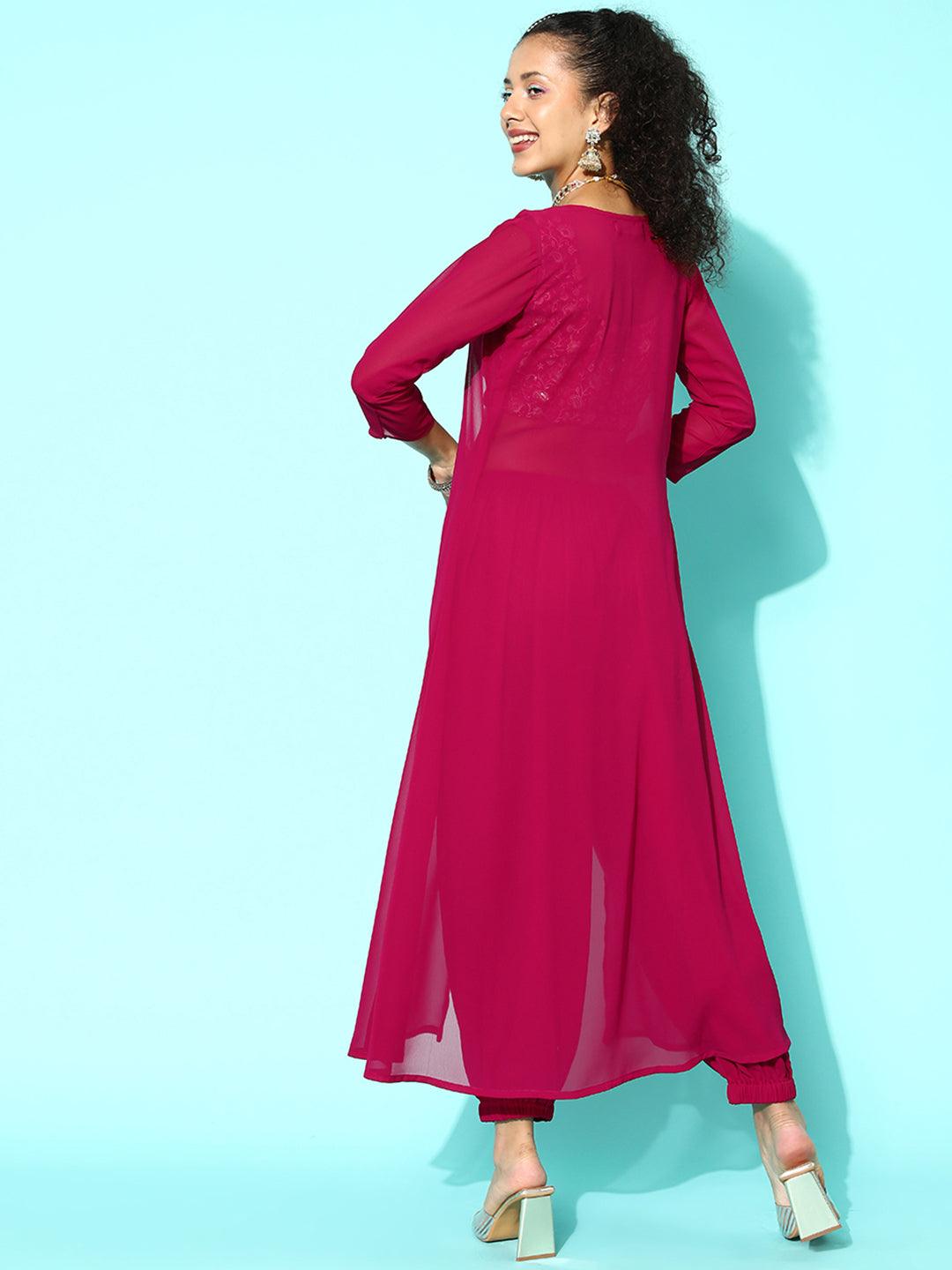 Magenta Embellished Georgette Top With Salwar & Shrug - Libas