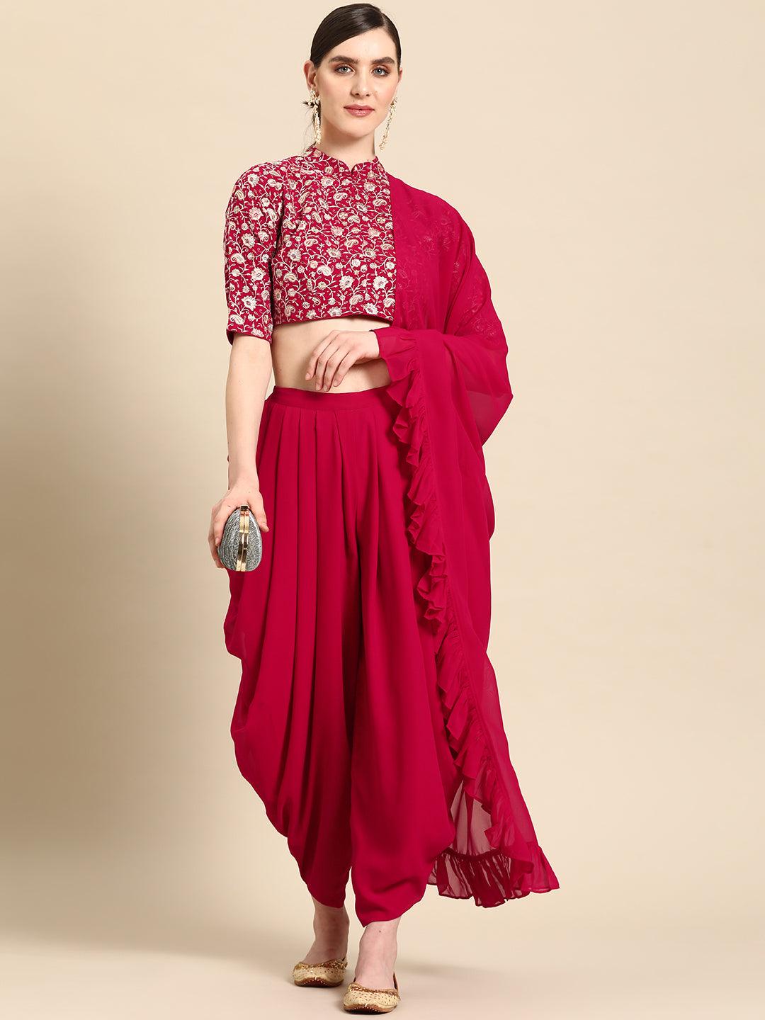 Magenta Embroidered Georgette Dhoti Saree - Libas 