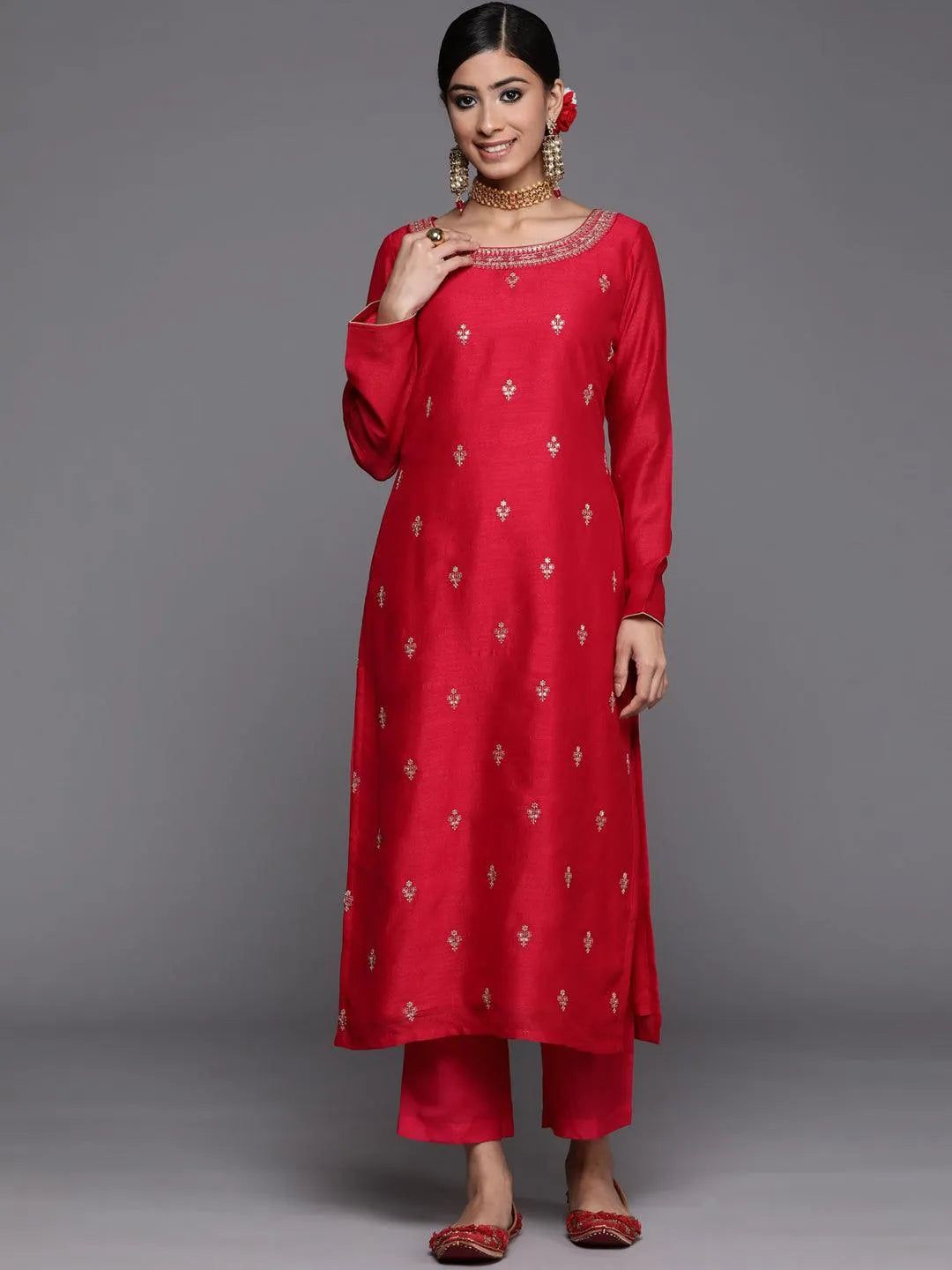 Magenta Solid Silk Straight Kurta - Libas 