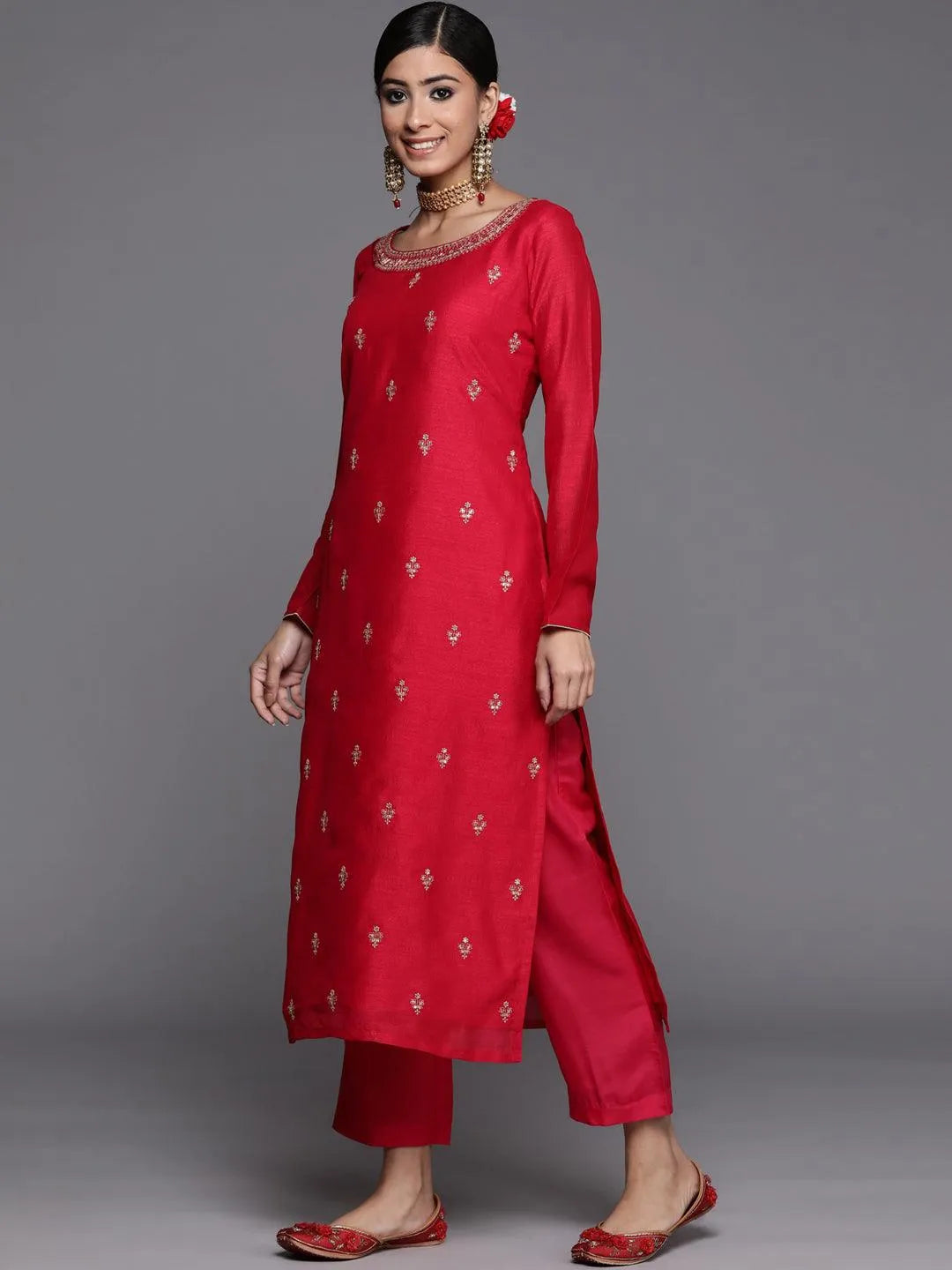 Magenta Solid Silk Straight Kurta - Libas 