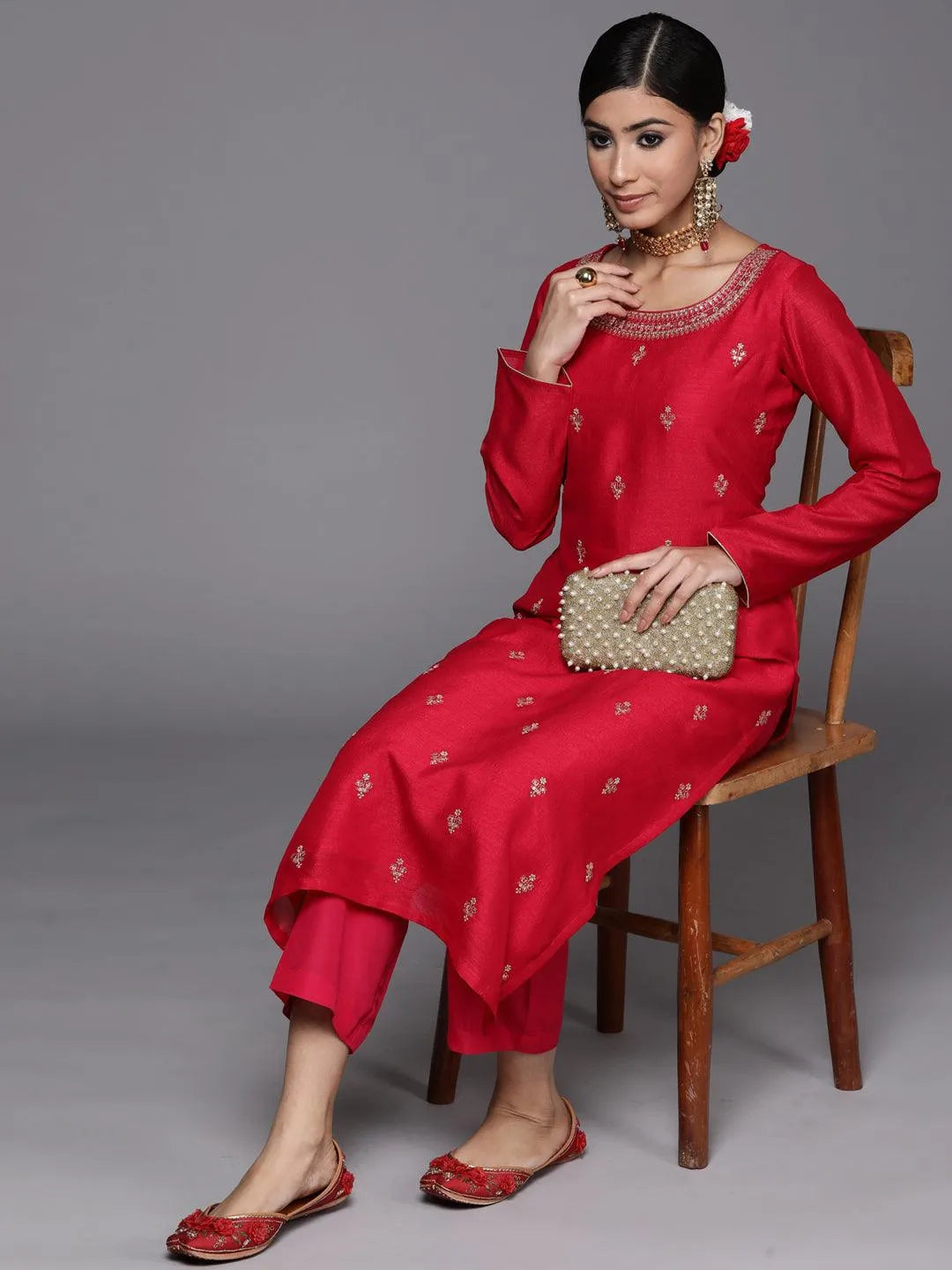 Magenta Solid Silk Straight Kurta - Libas 