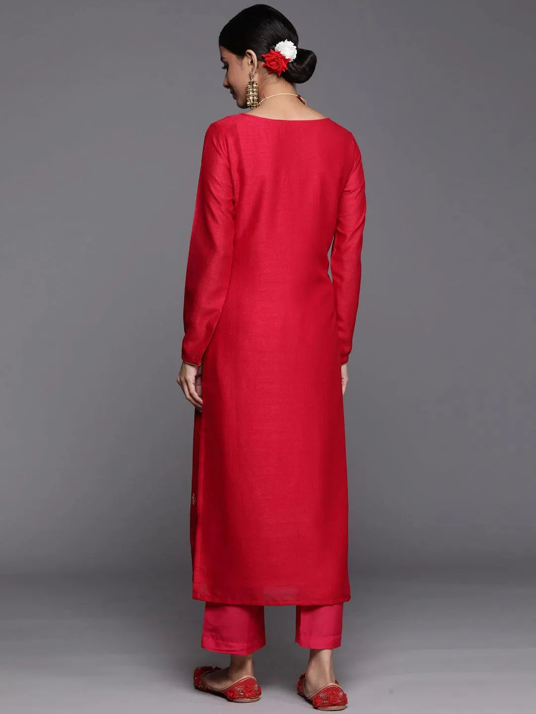 Magenta Solid Silk Straight Kurta - Libas 