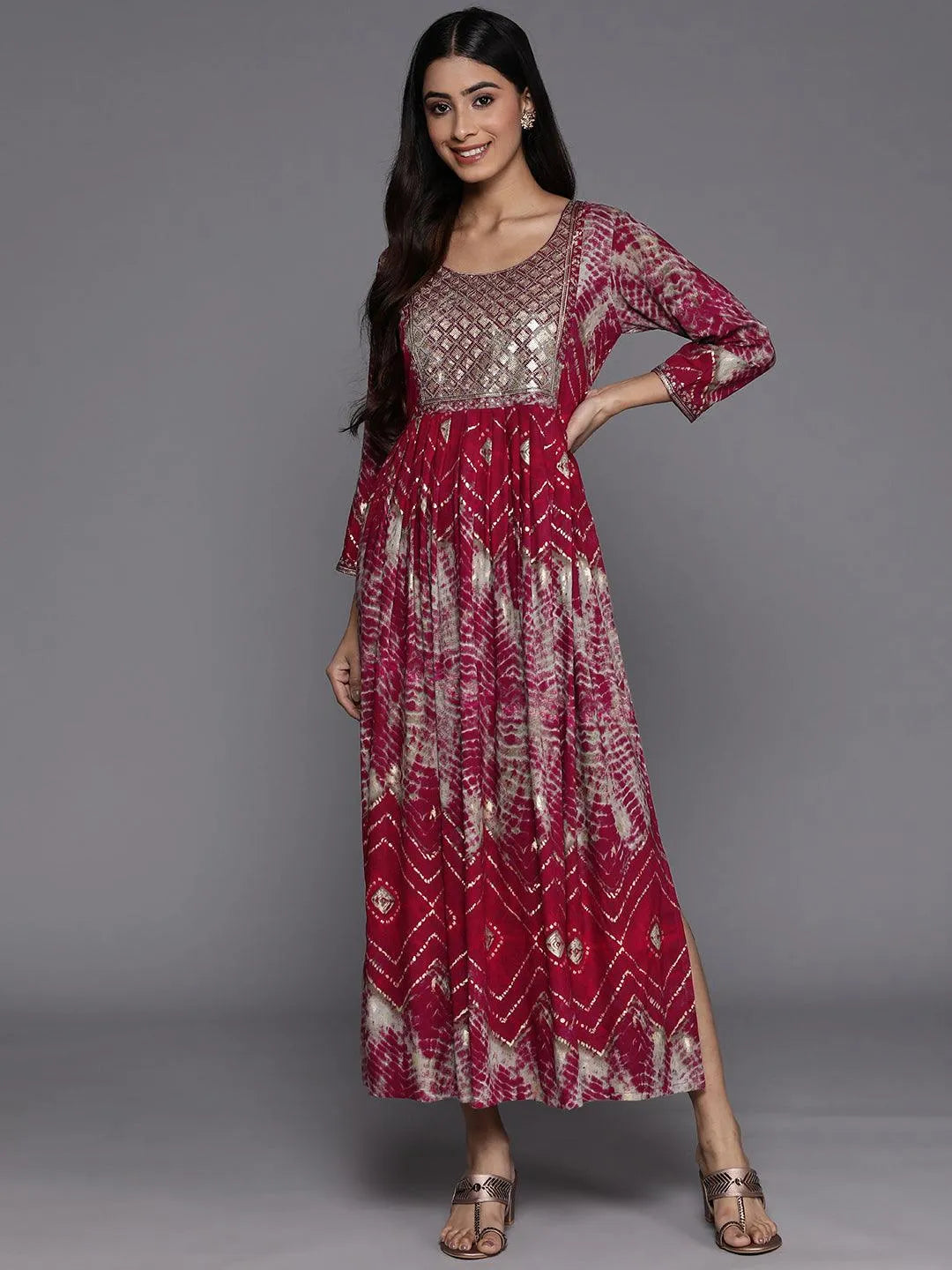 Magenta Printed Fit and Flare Rayon Dress - Libas 