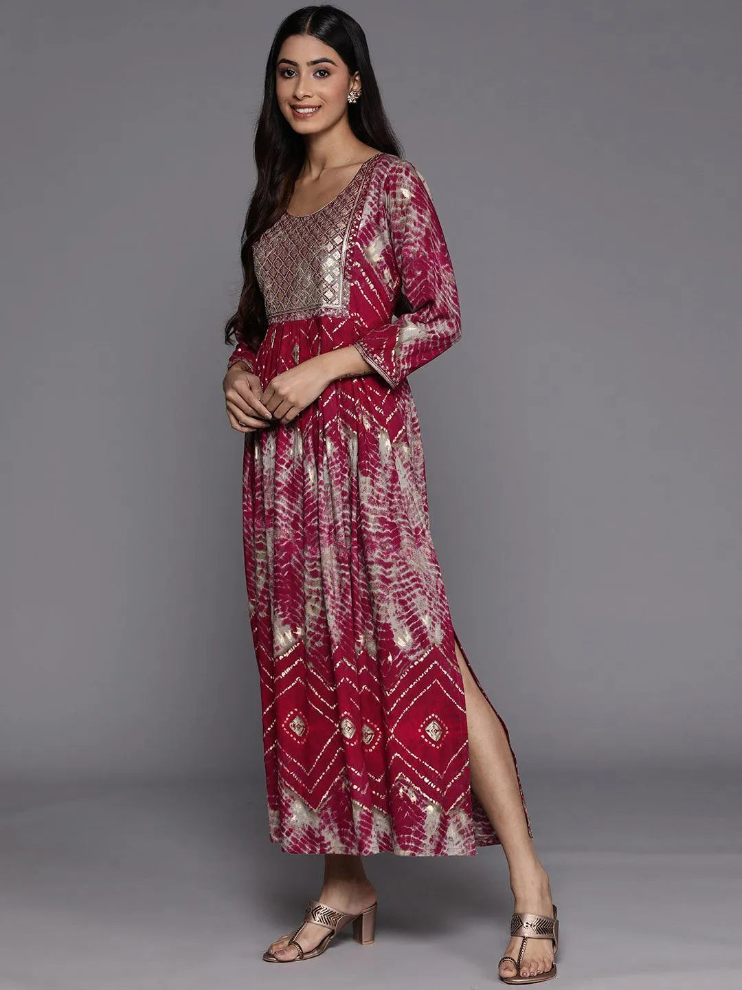 Magenta Printed Fit and Flare Rayon Dress - Libas 