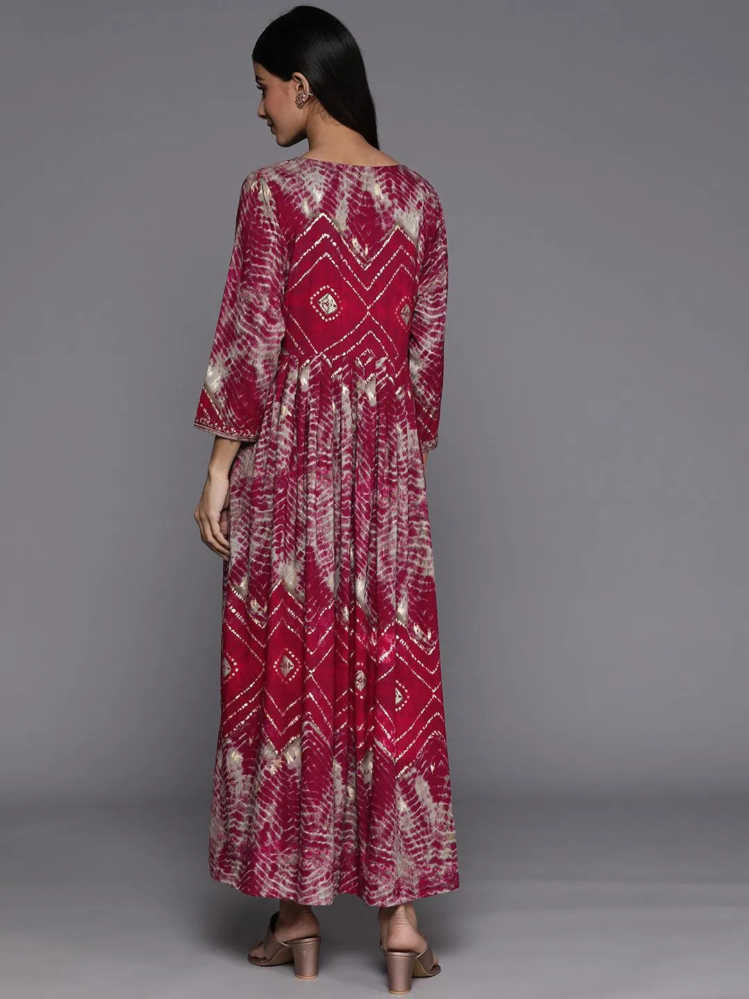 Magenta Printed Fit and Flare Rayon Dress - Libas 