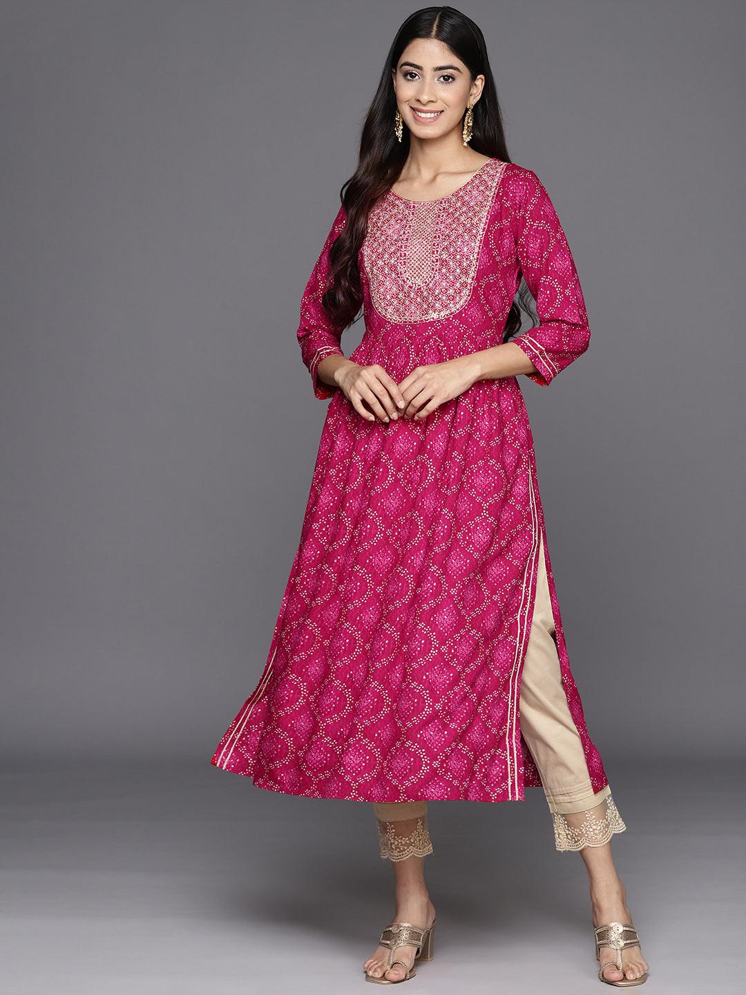 Magenta Printed Rayon A-Line Kurta - Libas 