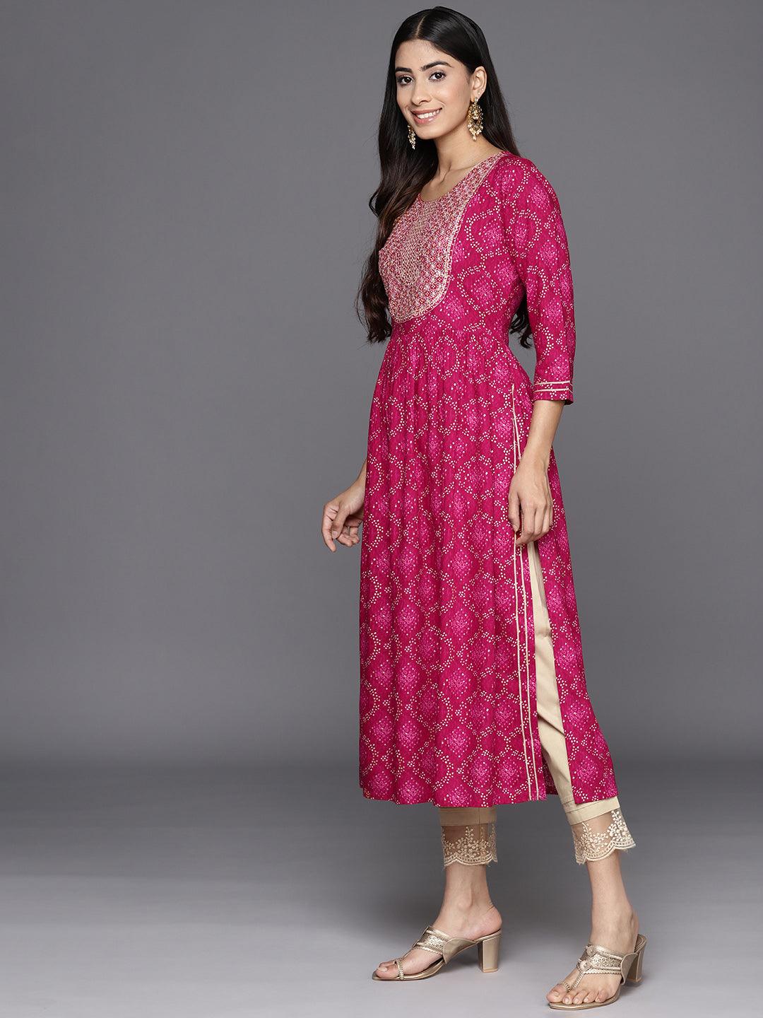 Magenta Printed Rayon A-Line Kurta - Libas 