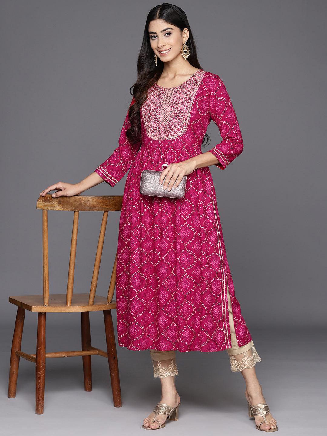 Magenta Printed Rayon A-Line Kurta - Libas 