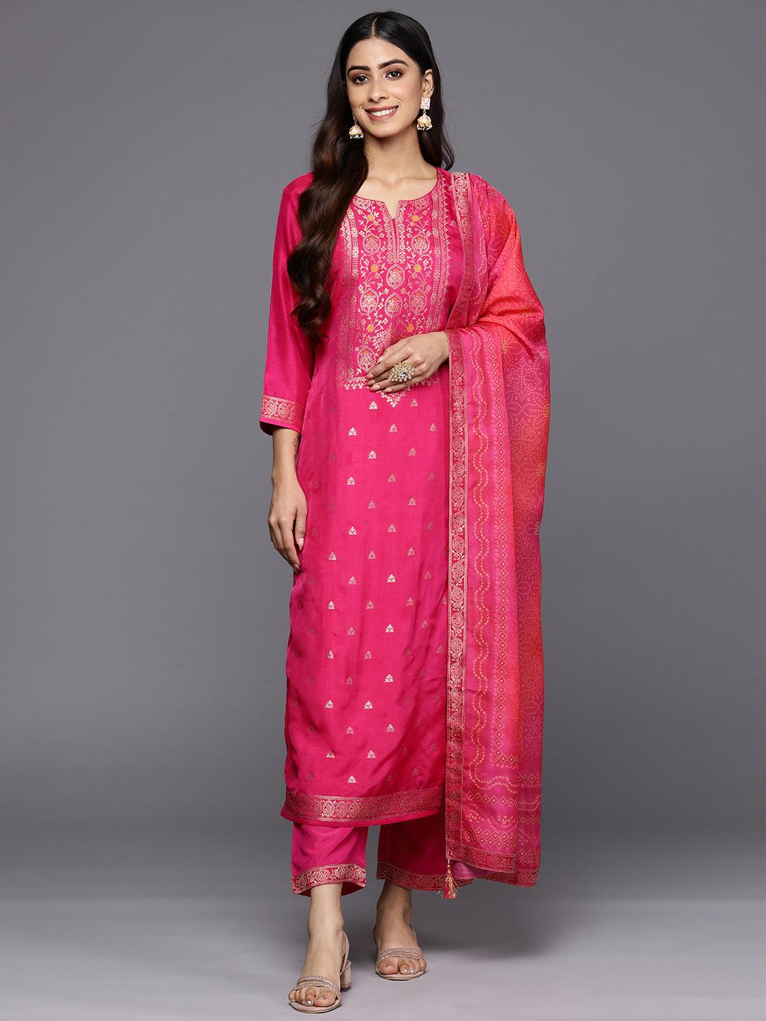 Magenta Self Design Silk Blend Straight Suit Set With Trousers - Libas 