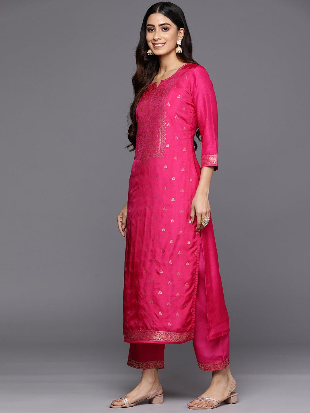 Magenta Self Design Silk Blend Straight Suit Set With Trousers - Libas 