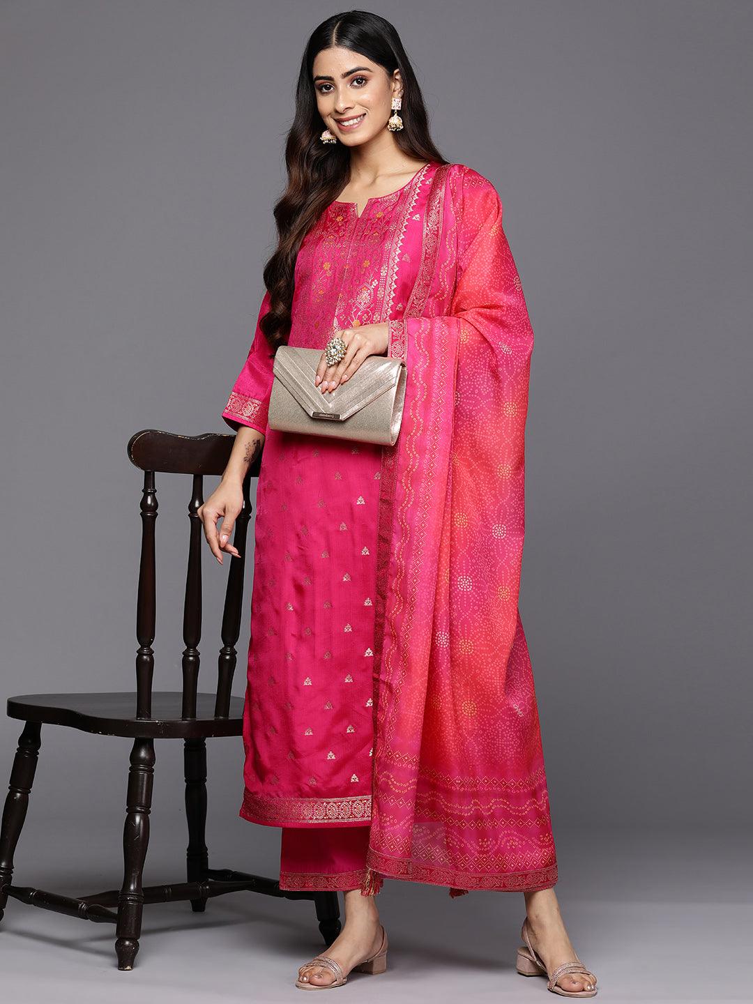 Magenta Self Design Silk Blend Straight Suit Set With Trousers - Libas 