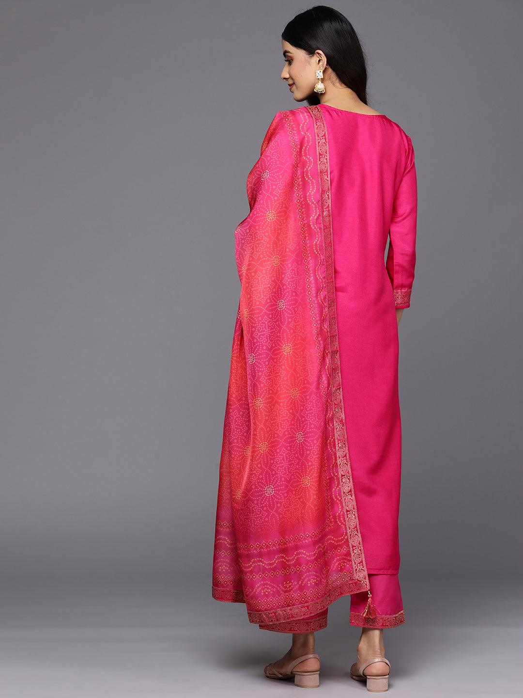 Magenta Self Design Silk Blend Straight Suit Set With Trousers - Libas 