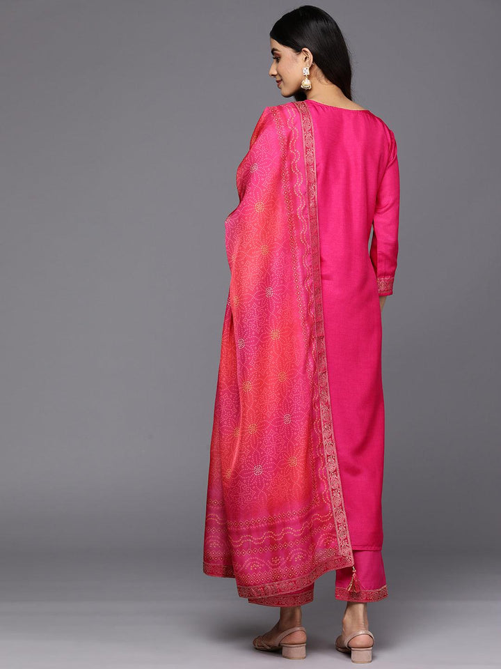 Magenta Self Design Silk Blend Straight Suit Set With Trousers - Libas