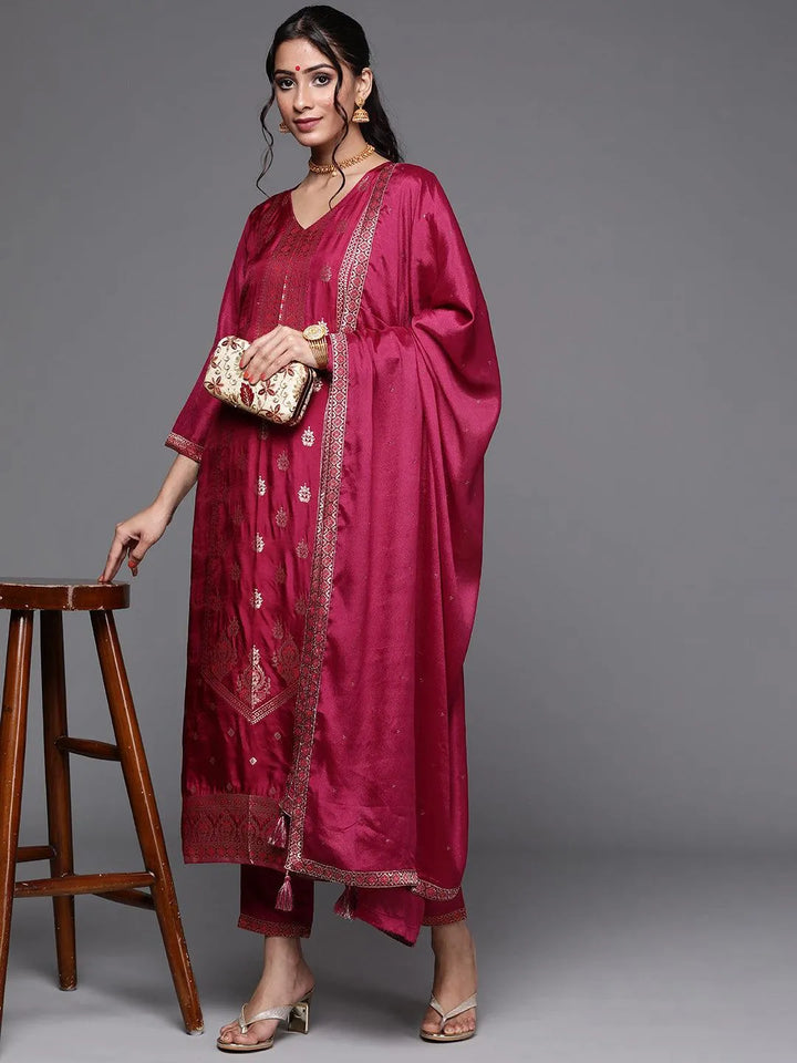 Magenta Self Design Silk Suit Set - Libas