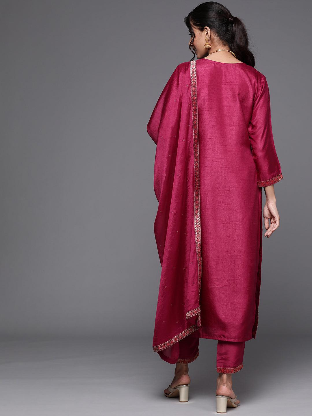 Magenta Self Design Silk Straight Kurta With Dupatta