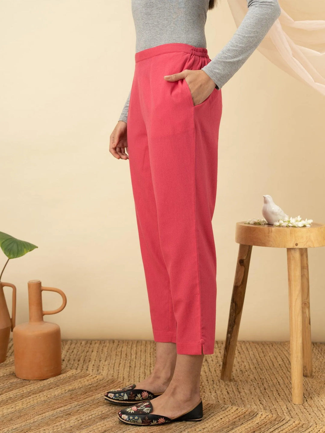 Magenta Solid Cotton Trousers - Libas