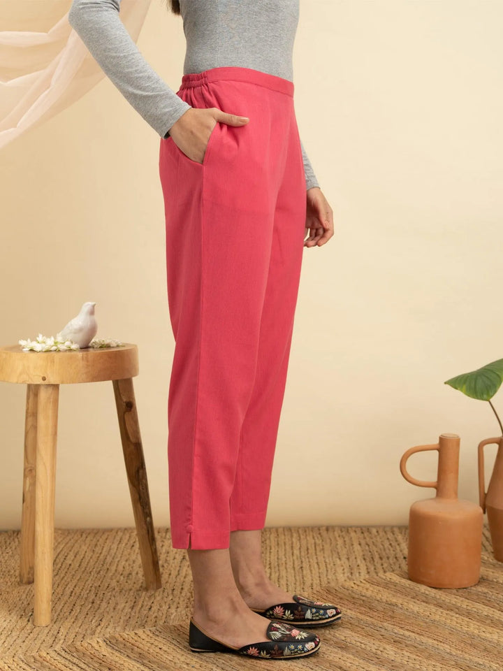 Magenta Solid Cotton Trousers - Libas