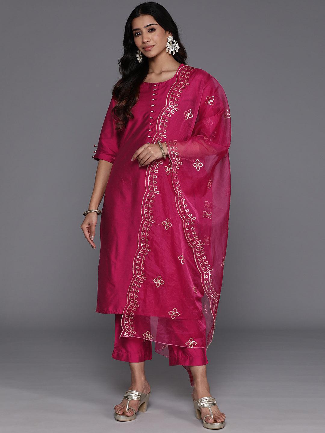 Magenta Solid Silk Blend Straight Kurta With Trousers & Dupatta - Libas 